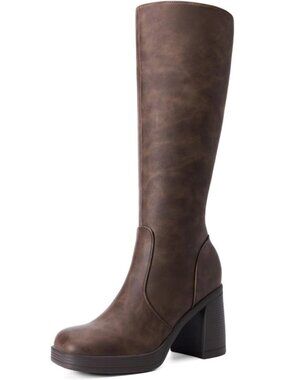 DREAM PAIRS Women's Brown Knee High Chunky Platform Boots Square Toe Stretchy